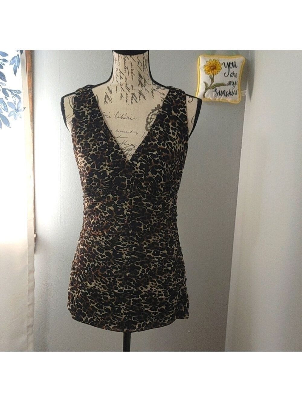 Maurices Sz L Rouched Leopard Print Deep V Top (fits smaller)